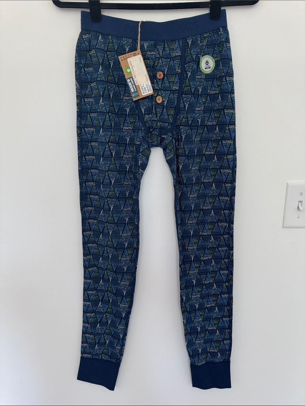 PACT NWT Men's Long John Leggings, Blue Geometric with Green Accents - Size S